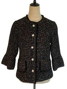PATTY KIM Black Tweed Pearl-Button Jacket with Multicolor Flecks